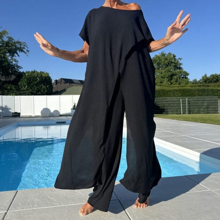 Conjunto Elegante Gabbie de Dois Peças com Ombros à Mostra | Blusa Solta e Calça de Perna Larga