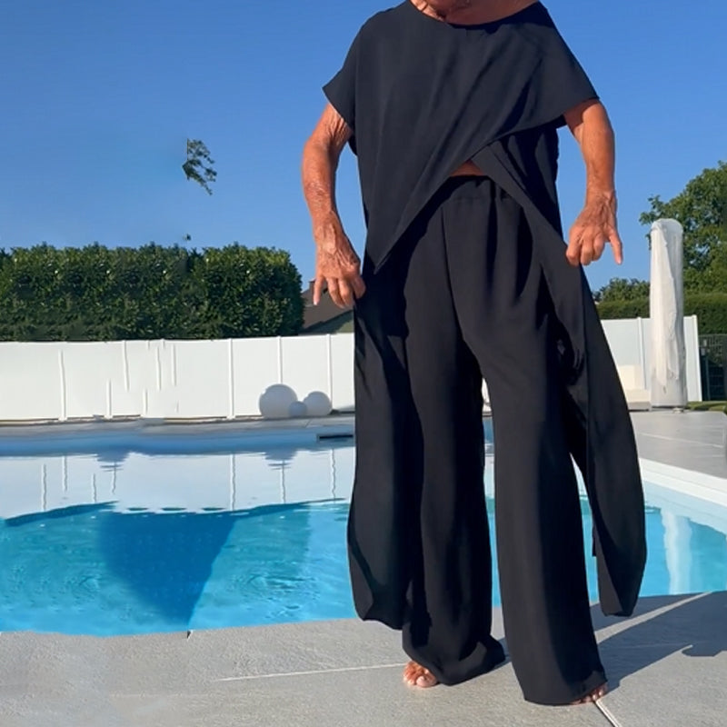 Conjunto Elegante Gabbie de Dois Peças com Ombros à Mostra | Blusa Solta e Calça de Perna Larga