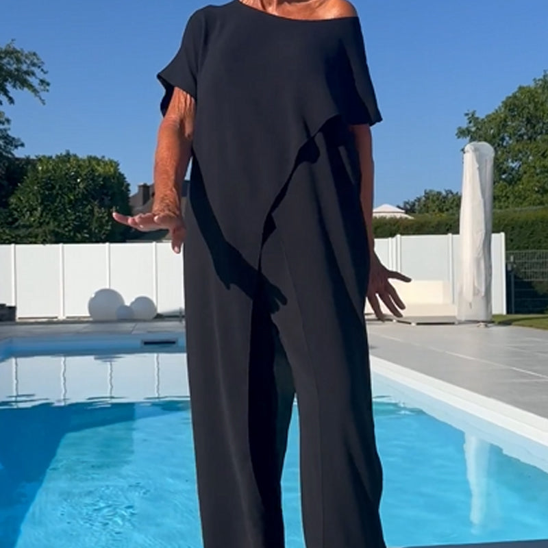 Conjunto Elegante Gabbie de Dois Peças com Ombros à Mostra | Blusa Solta e Calça de Perna Larga