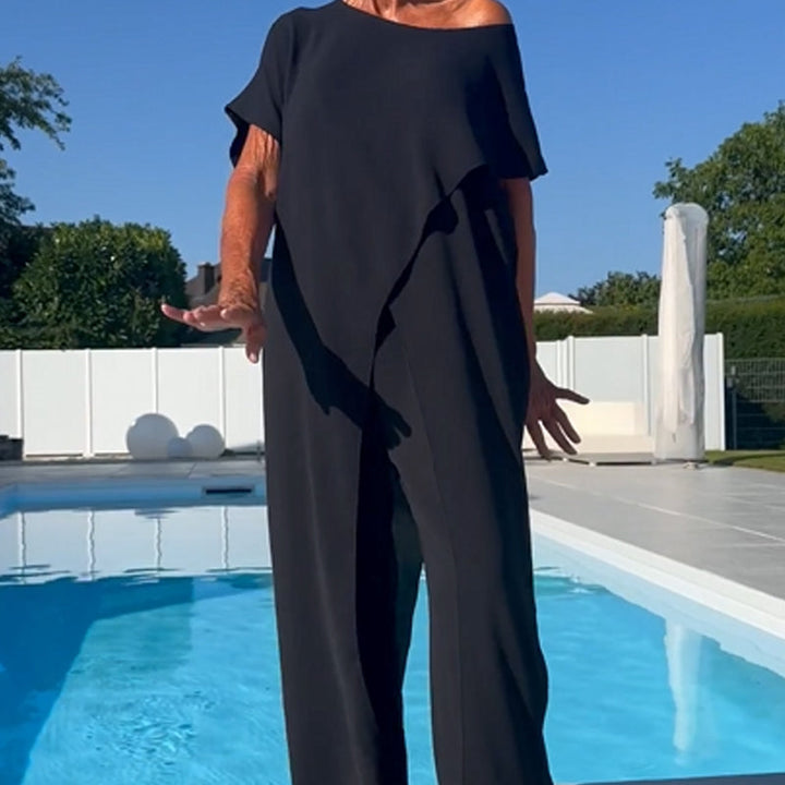 Conjunto Elegante Gabbie de Dois Peças com Ombros à Mostra | Blusa Solta e Calça de Perna Larga