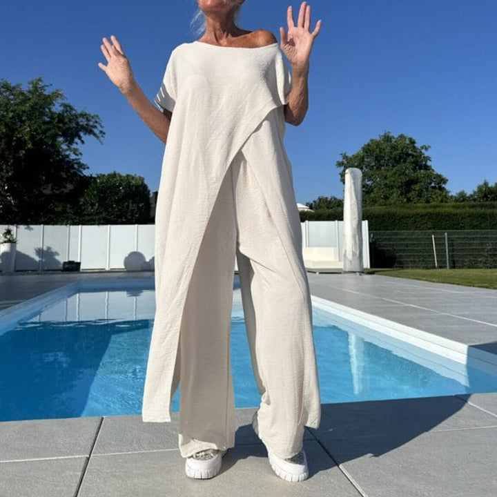 Conjunto Elegante Gabbie de Dois Peças com Ombros à Mostra | Blusa Solta e Calça de Perna Larga