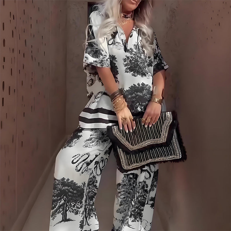Conjunto Relaxado de Duas Peças Linette com Blusa Estampada Decote V e Calça Longa