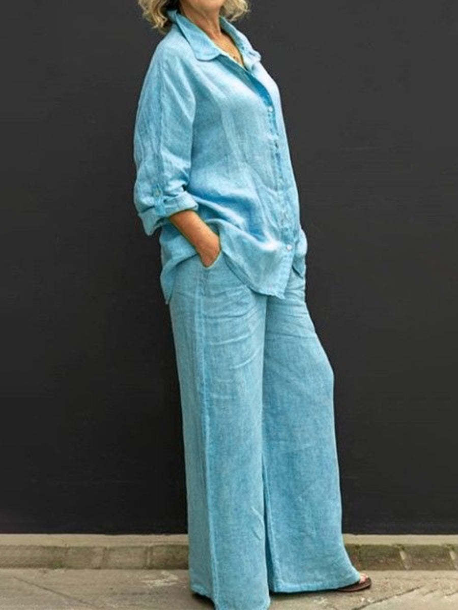 Sheena | Women's Relaxed Two-Piece Set, Button-Up Shirt and Wide-Leg Trousers