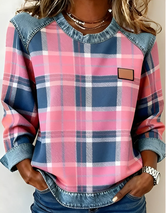Avery | Women's Pink Plaid Sweater, Denim-Trim Casual Knit Sweater for Everyday Wear