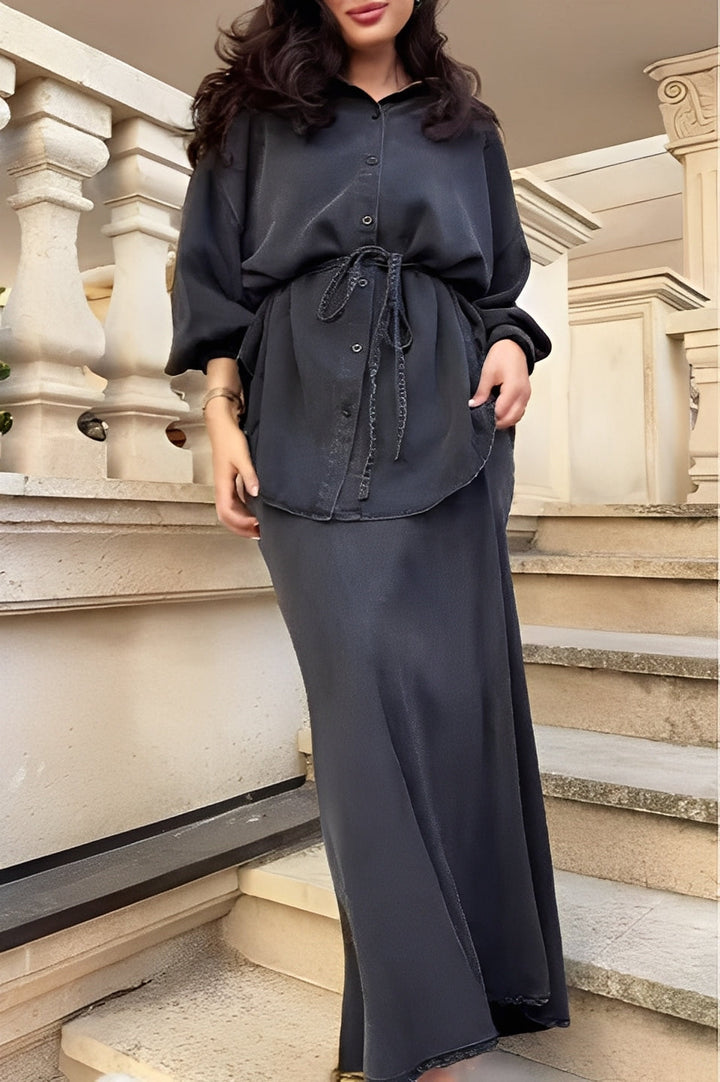 Evelore | Conjunto de Camisa com Amarração e Saia de Manga Longa - Estilo Sem Esforço, Confiança Diária