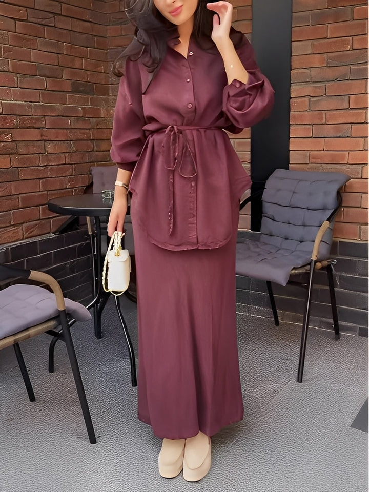 Evelore | Conjunto de Camisa com Amarração e Saia de Manga Longa - Estilo Sem Esforço, Confiança Diária